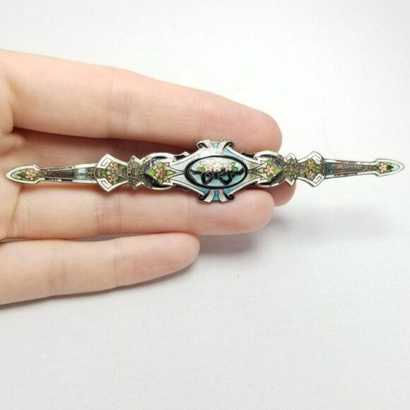 Vintage Richard Hemsley Long Sterling Silver Enamel Brooch Art Nouveau Antique - Picture 11 of 11